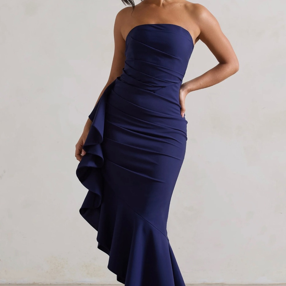 Club L London Blue Strapless Ruched Gown